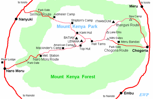 Main routes on Mount Kenya