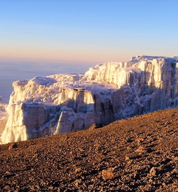 On the summit day of Kilimanjaro, you get to see the first of the famous glaciers as you approach the crater rim. Beautiful with the dawn sun on the white ice.