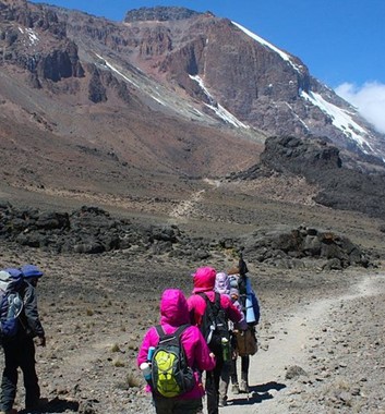 Approaching the summit massif on the Rongai route with the towering cliffs overhead, this seven day route includes a full acclimatisation day at Mawenzi tarn.