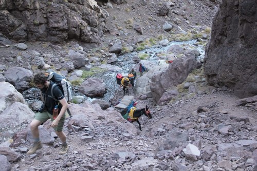 Walking on the mule paths on the way up Toubkal