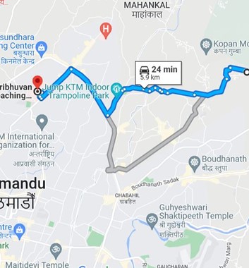 Route from the AA Nepal guesthouse to Tribhuvan Teaching Hospital takes about 25 minutes. 