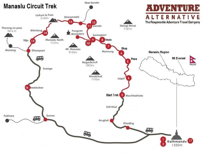 Manaslu Circuit trek map